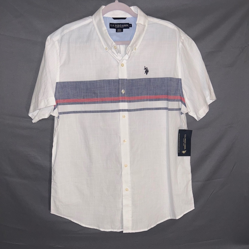 US Polo Assn Mens L Short Sleeve Button Down Shirt White Blue Red 100% Cotton